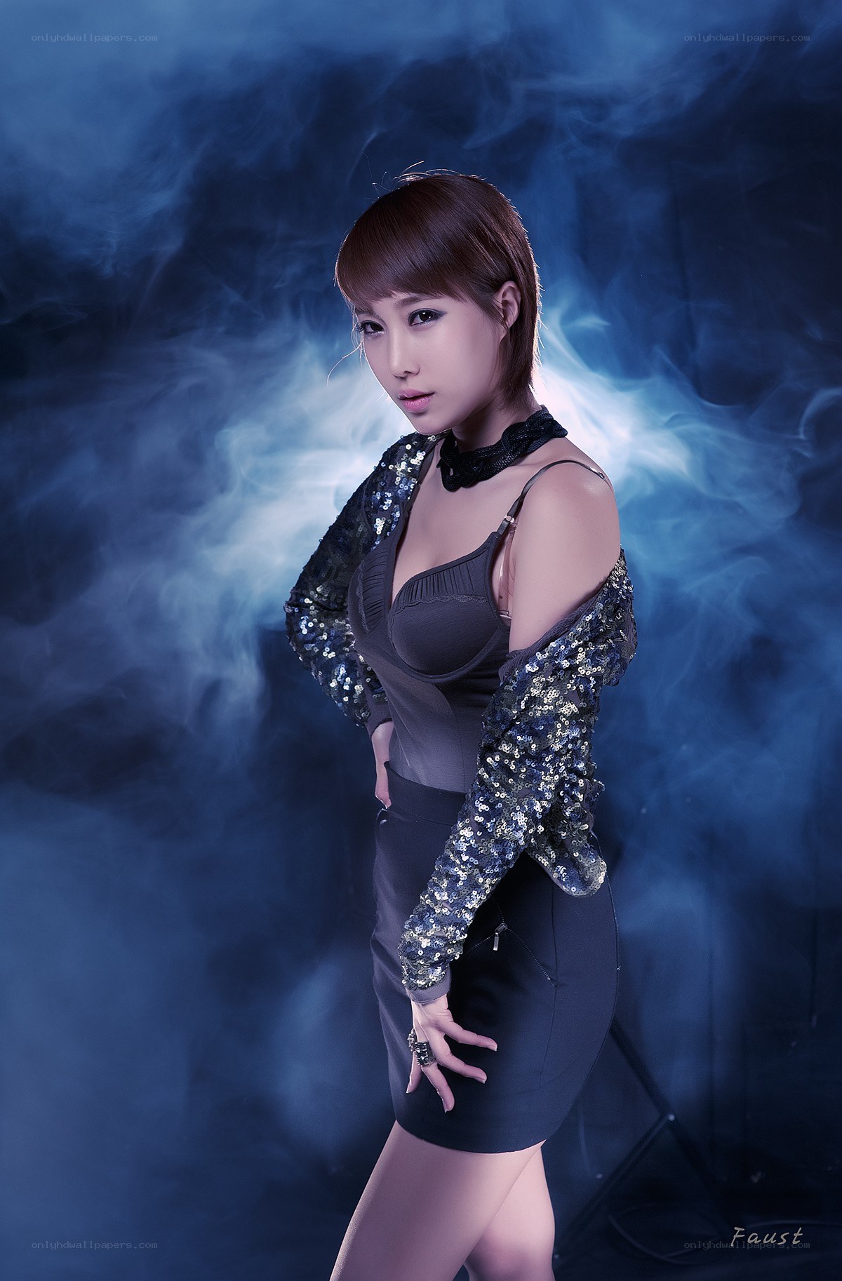 woman in sequined jacket