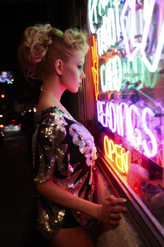 Woman in Sequined Top — Purple, Dramatic, Night