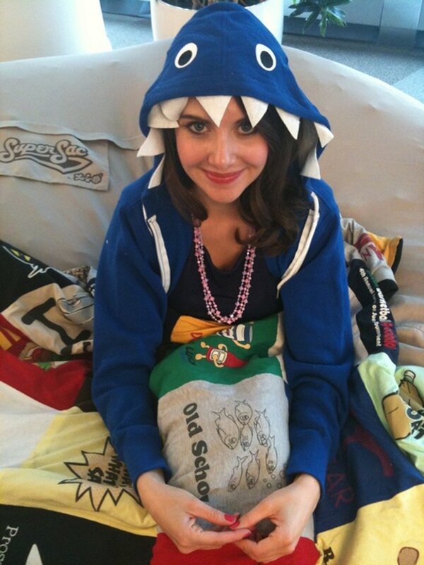 woman in shark hoodie