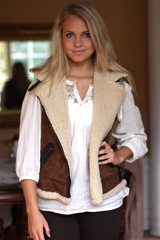 Woman in Shearling Vest — Beige
