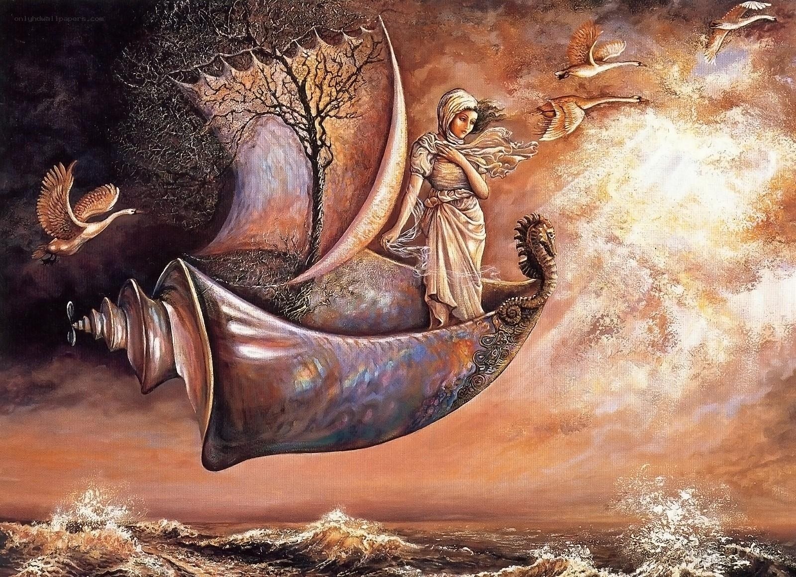 woman in shell boat