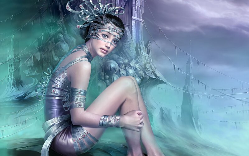 Woman in Silver Armor — Green, Dramatic, Digital Art, Mask, Castle