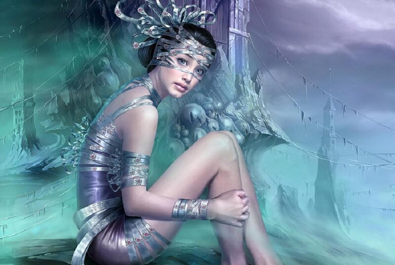Woman in Silver Armor — Green, Dramatic, Digital Art, Mask