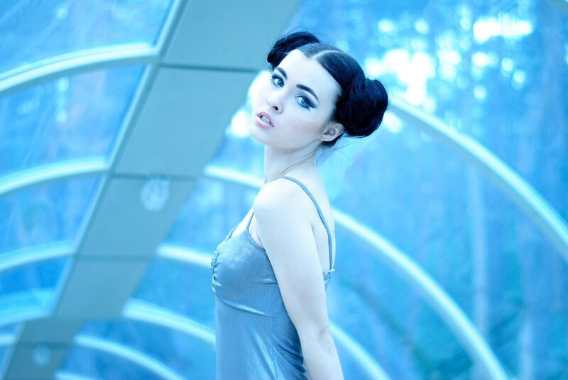 Woman in Silver Dress — Blue, Dramatic, Photograph, Hair Buns