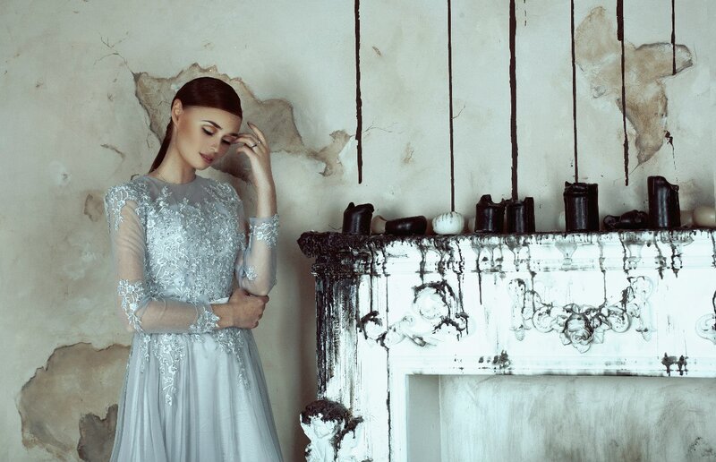 Woman in Silver Dress — White, Dramatic