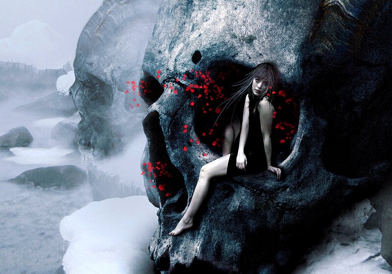 Woman in Skull Cave — Gray, Dramatic