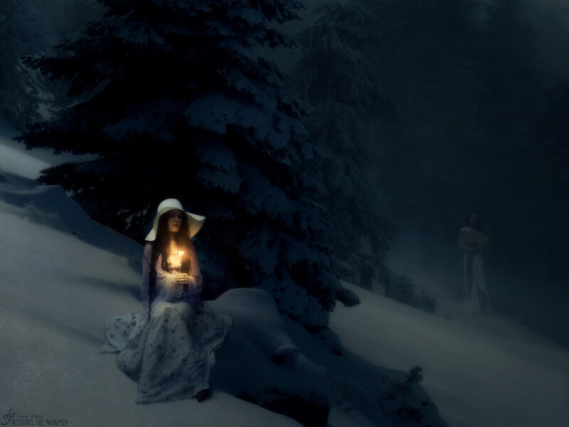 Woman in Snow Holding Candle