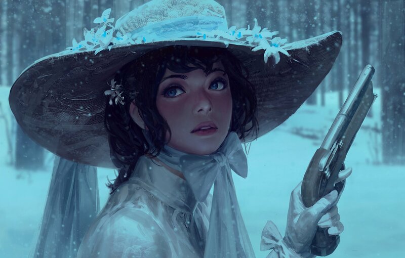 Woman in Snow Holding Gun