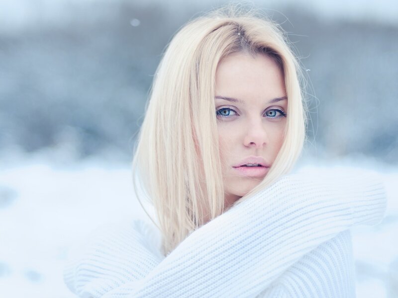 Woman in Snow — White, Cold, Winter, Photograph, Sweater