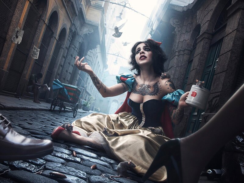 woman in snow white costume on street