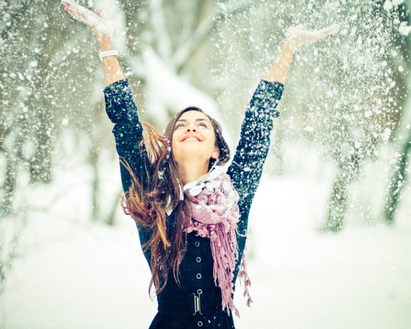 Woman in Snow — White, Joyful, Winter, Photograph, Trees