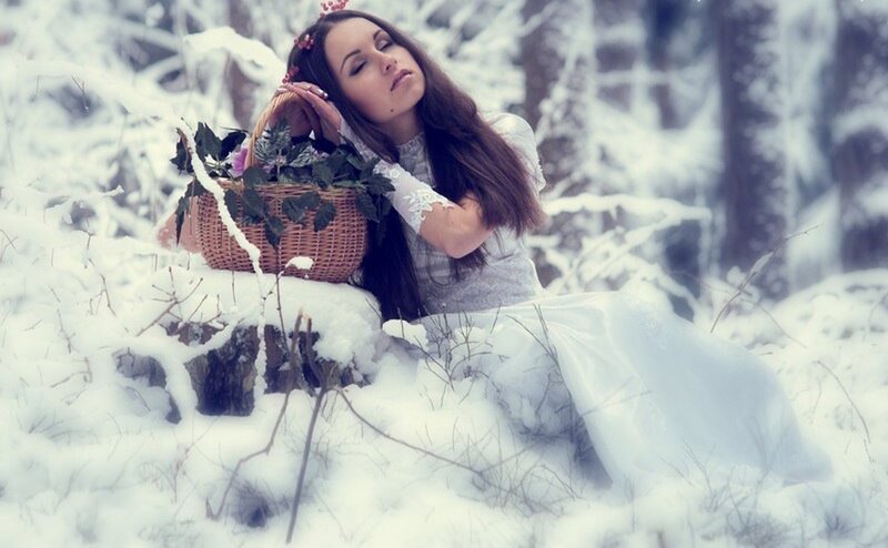 Woman in Snow with Basket