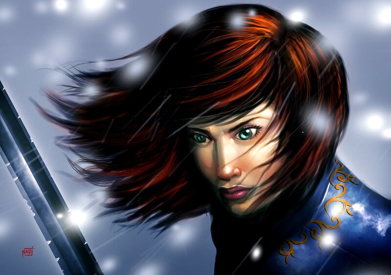 woman in snow with sword
