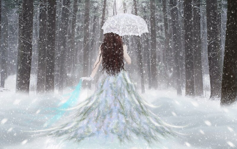 woman in snow with umbrella