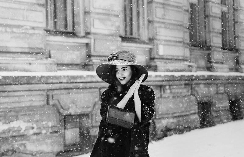 Woman in Snowstorm — Black, Dramatic, Winter, Photograph