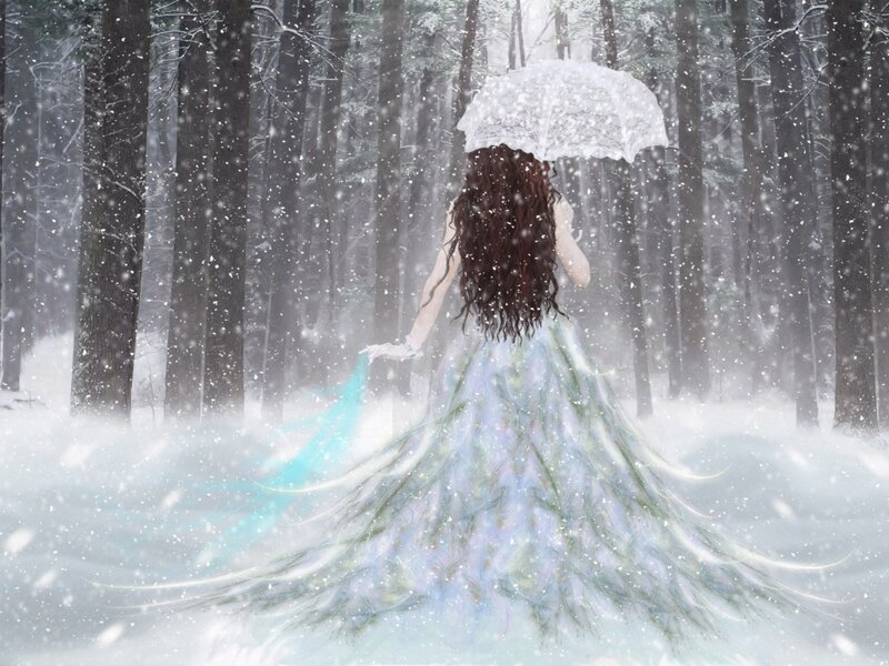 Woman in Snowstorm — White, Serene, Winter, Digital Art, Umbrella