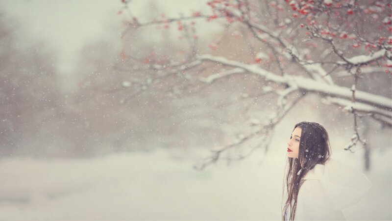 Woman in Snowstorm — White, Serene, Winter, Photograph