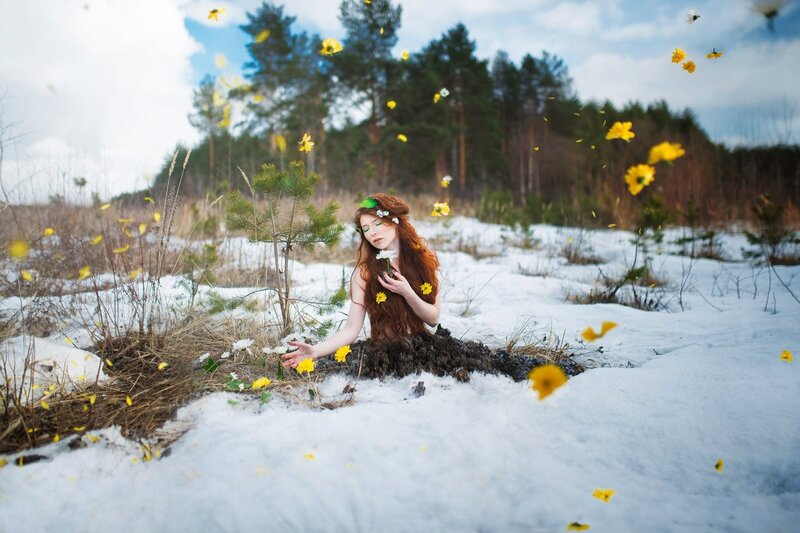 Woman in Snowy Field — White