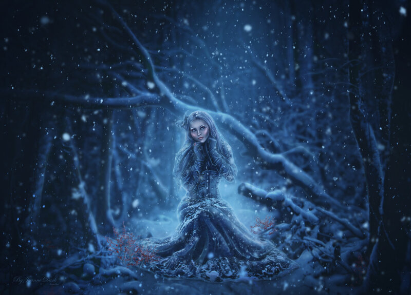 Woman in Snowy Forest — Blue