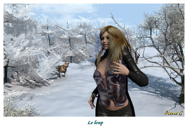 Woman in snowy forest with wolf