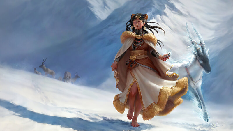 Woman in Snowy Landscape — White, Dramatic, Winter, Digital Art, Goat