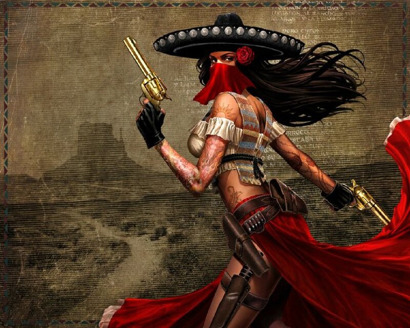 Woman in Sombrero with Guns