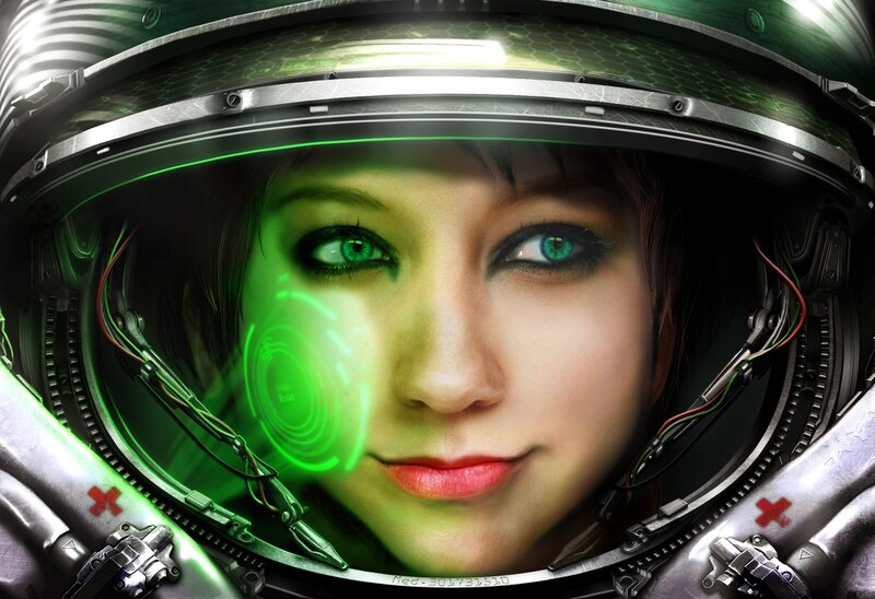 Woman in Space Helmet — Green, Dramatic, Digital Art, Green Light, Eyes