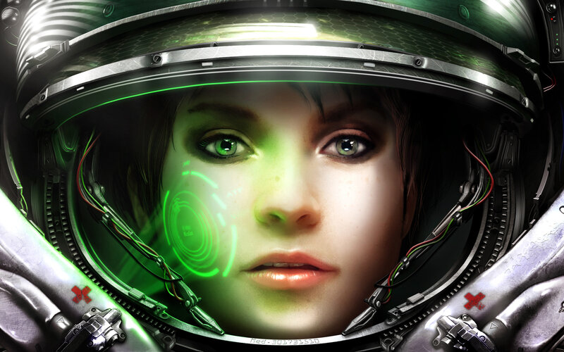 Woman in Space Helmet — Green, Dramatic, Digital Art, Green Light, Hologram