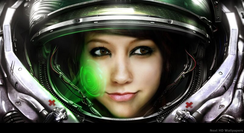Woman in Space Helmet — Green, Dramatic, Digital Art, Green Light, Wires