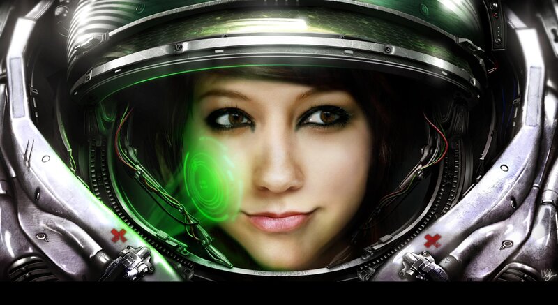 Woman in Space Helmet — Green, Dramatic, Digital Art