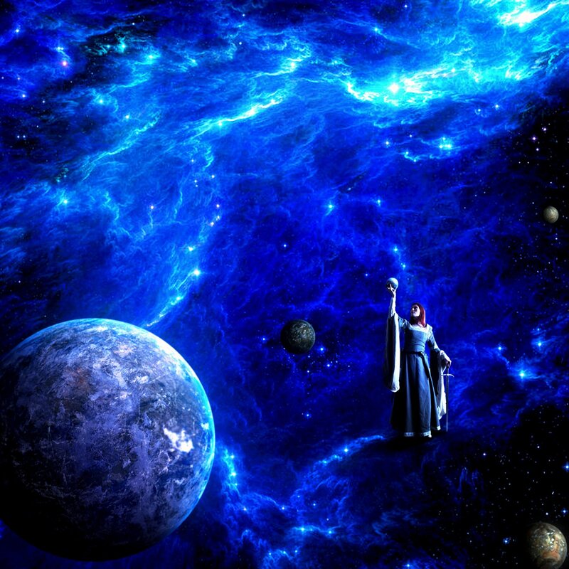 woman in space with planets