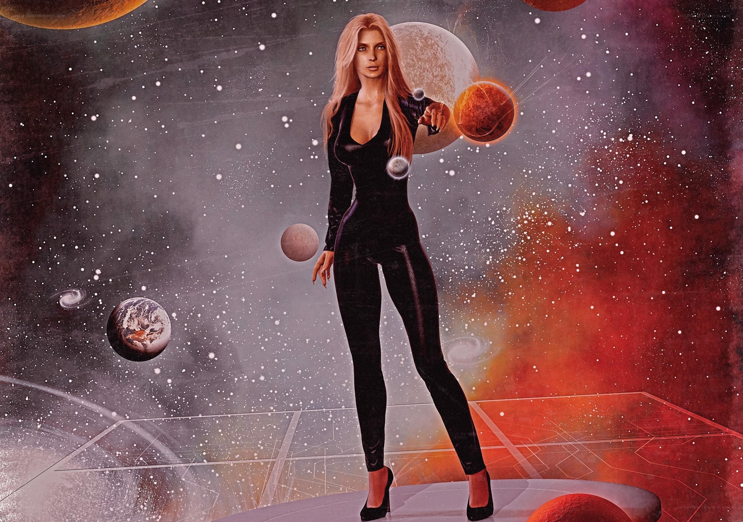 woman in space with planets