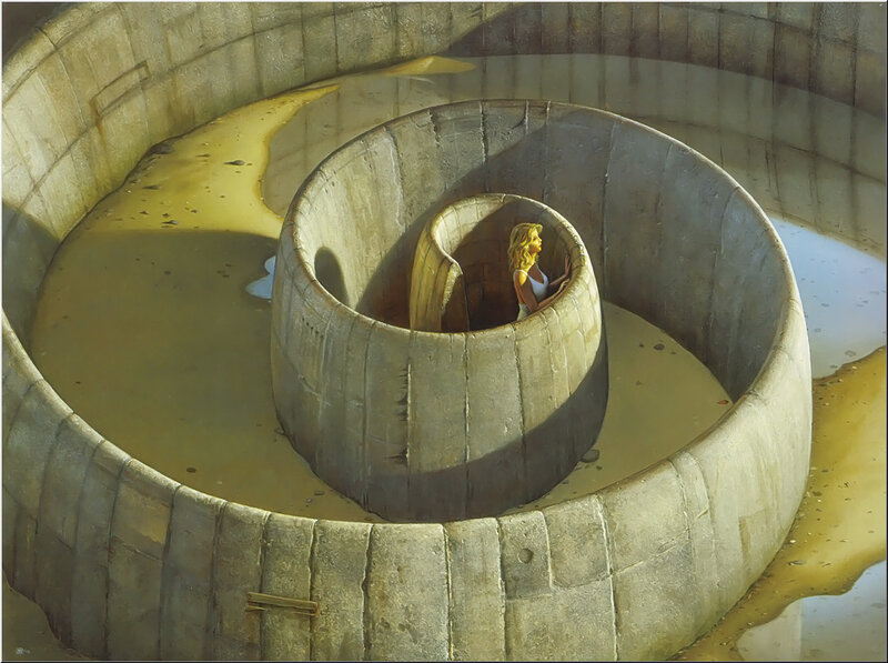 woman in spiral stone structure