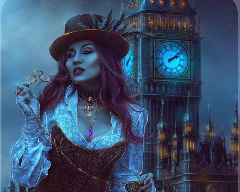 Woman in Steampunk Attire — Blue, Dramatic, Night