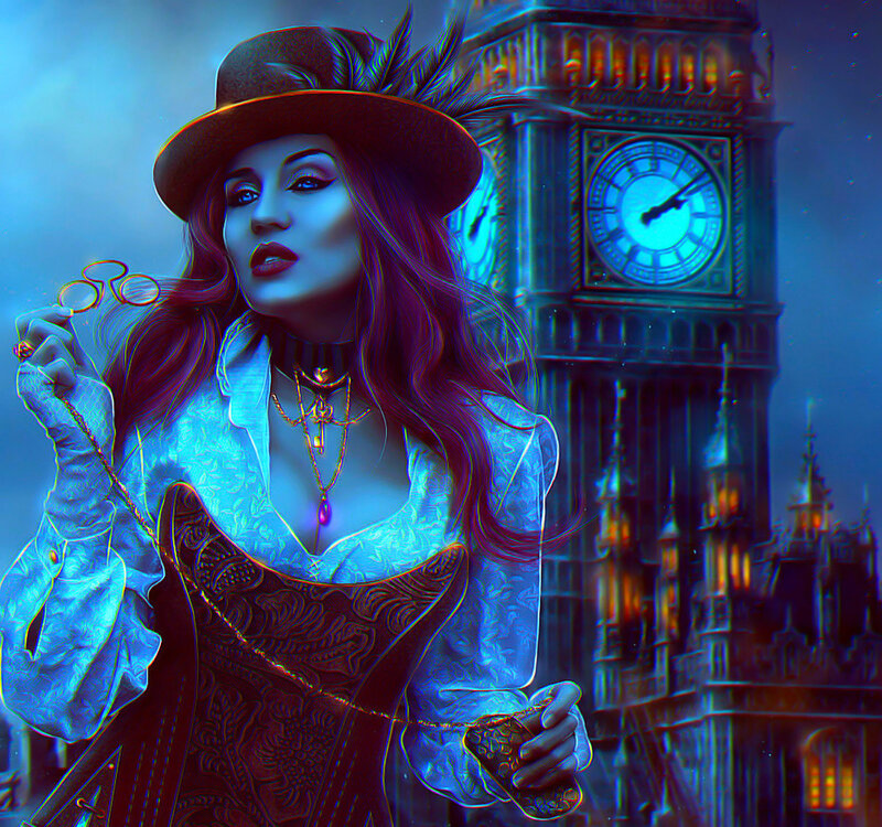 Woman in Steampunk Attire — Blue, Dramatic