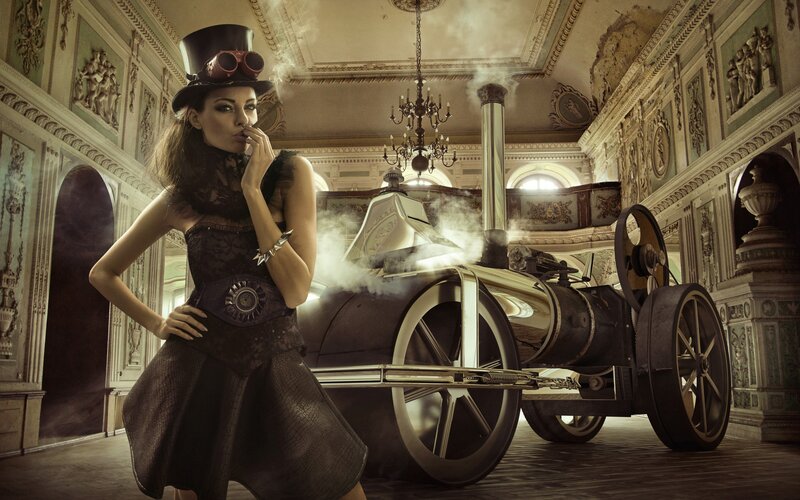 Woman in Steampunk Attire — Brown, Dramatic, Digital Art, Top Hat