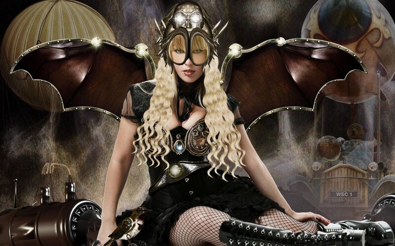 Woman in Steampunk Costume — Black, Dramatic, Digital Art, Wings, Goggles