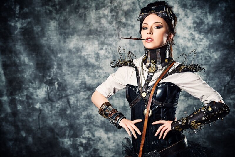 Woman in Steampunk Costume — Black, Dramatic, Photograph, Cigarette Holder