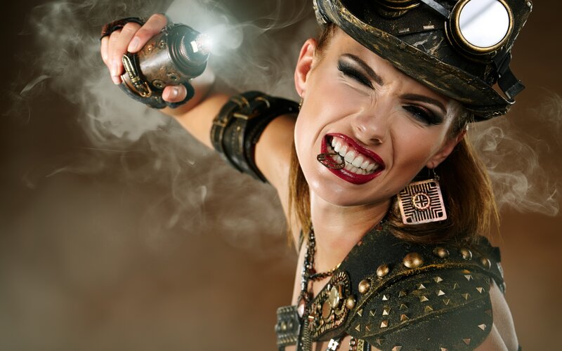 Woman in Steampunk Costume — Black, Dramatic, Photograph, Smoke