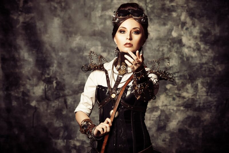 Woman in Steampunk Costume — Black, Dramatic, Photograph