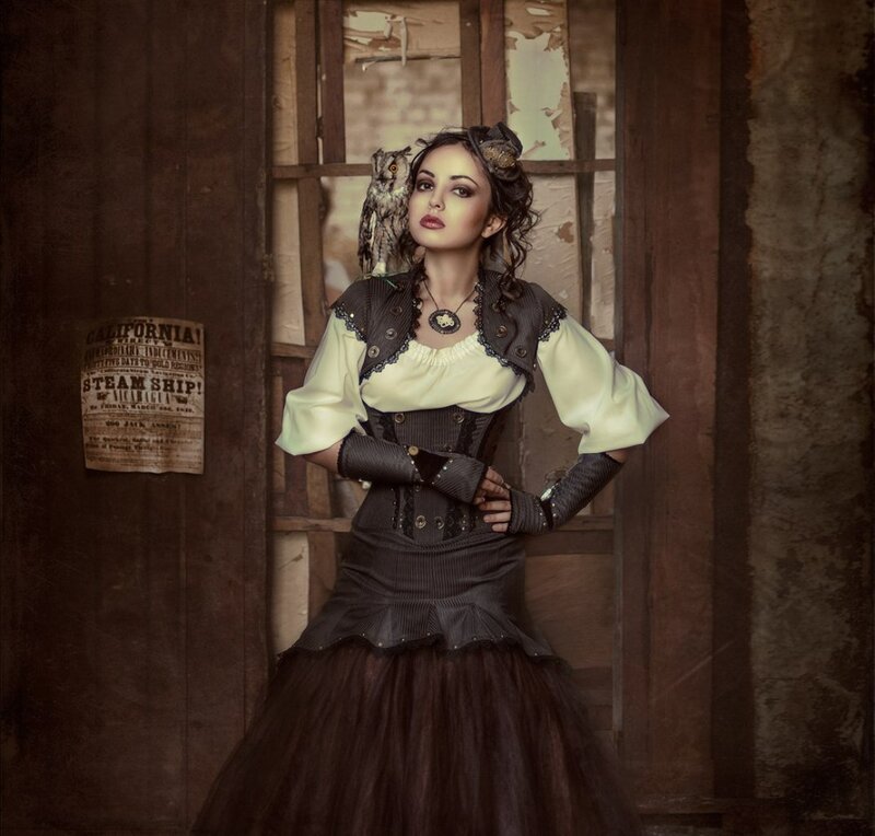 Woman in Steampunk Dress — Brown, Dramatic