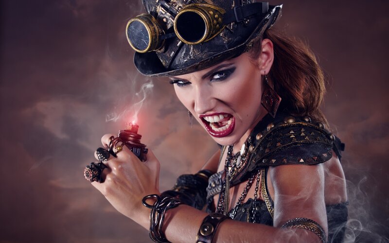 Woman in Steampunk Outfit — Black, Dramatic
