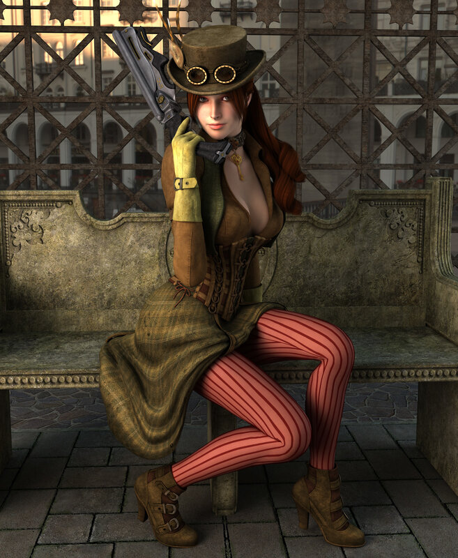 Woman in Steampunk Outfit — Brown, Confident, Afternoon, 3d Render, Gun, Hat