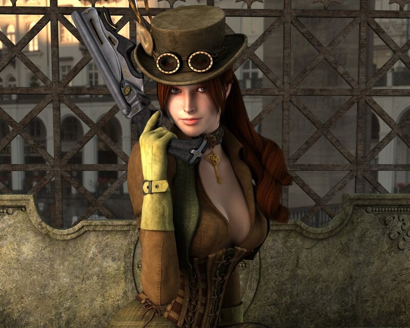 Woman in Steampunk Outfit — Brown, Confident, Afternoon, 3d Render, Top Hat