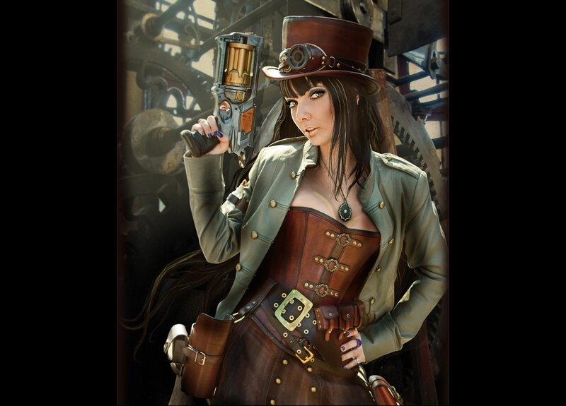 Woman in Steampunk Outfit — Brown, Dramatic, Digital Art, Top Hat, Gun