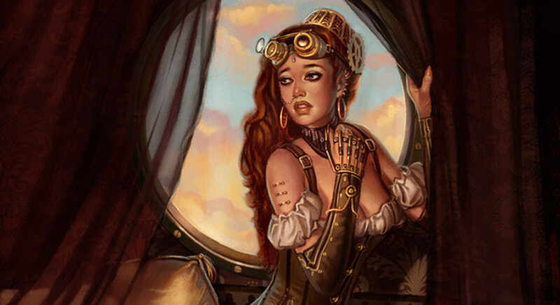 Woman in Steampunk Outfit — Brown, Dramatic, Sunset