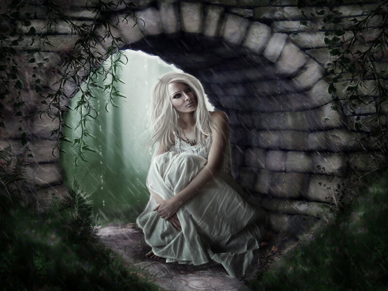 Woman in Stone Archway — White