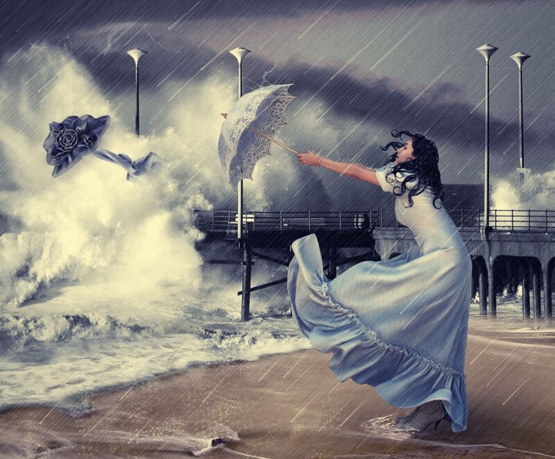 Woman in Storm on Beach