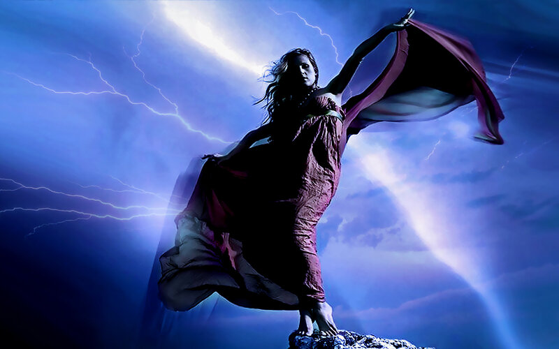 woman in storm with lightning