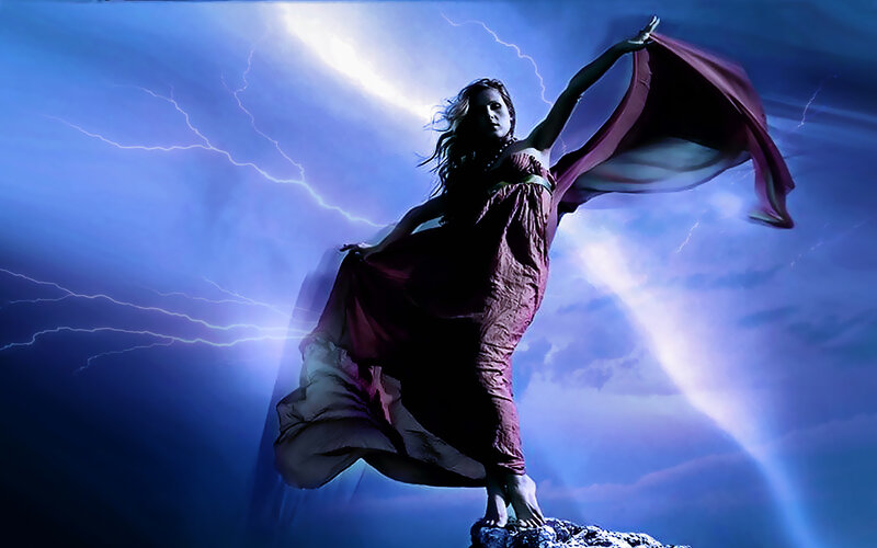 woman in storm with lightning